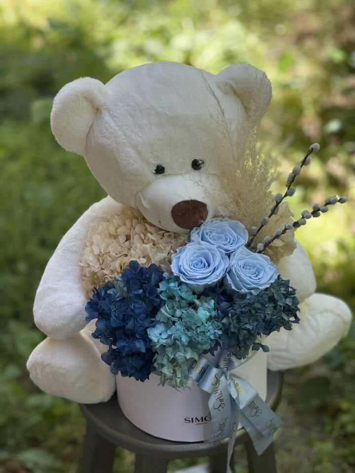 Peluş Ayıcık ve Şoklanmış Çiçek Sepeti