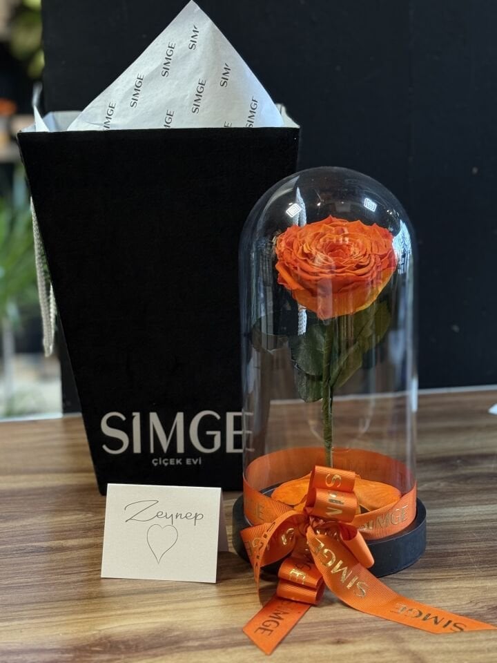 Cam Fanusta Büyük Boy Turuncu Solmayan Gül