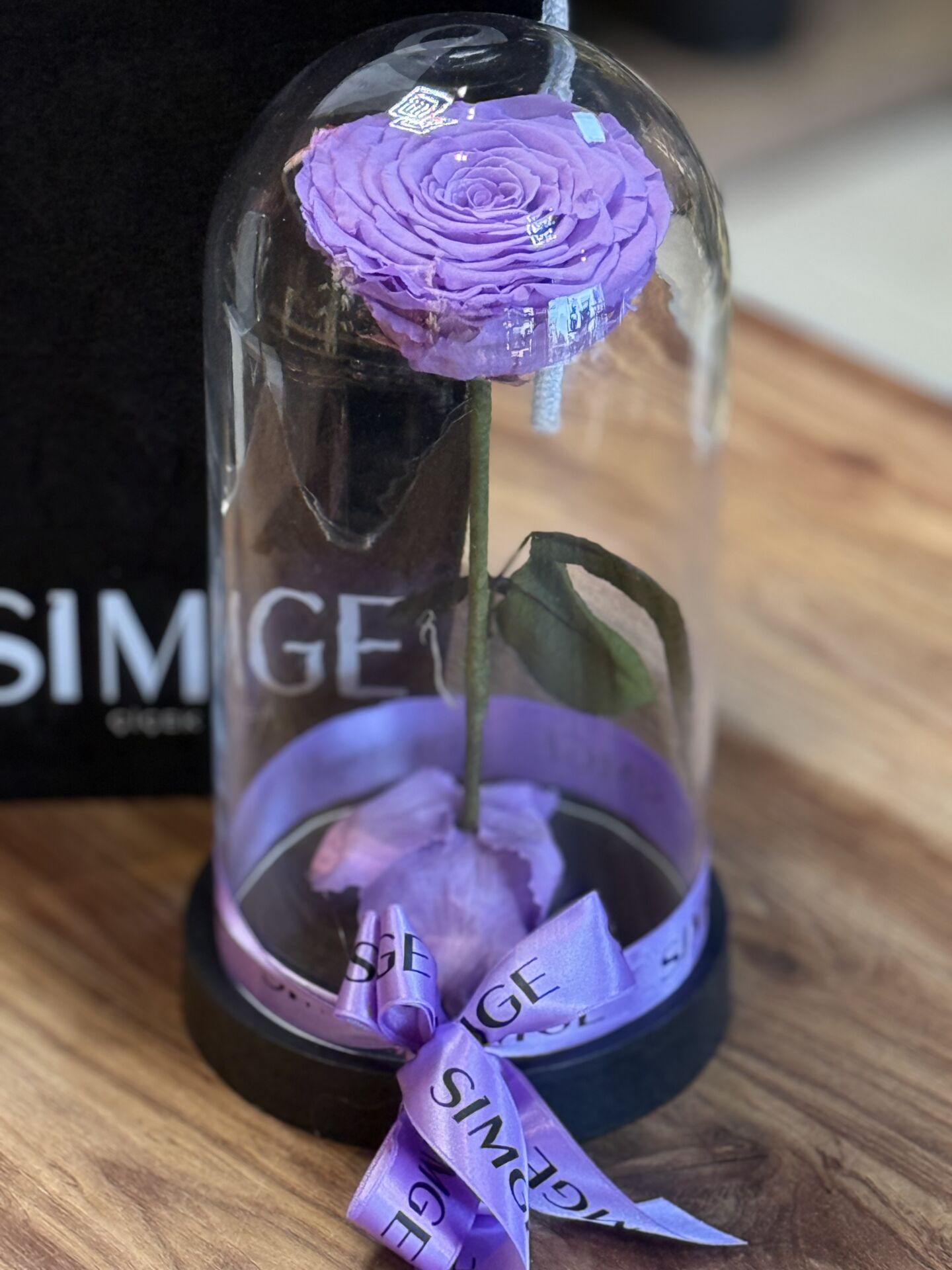 Cam Fanusta Büyük Boy Lila Solmayan Gül