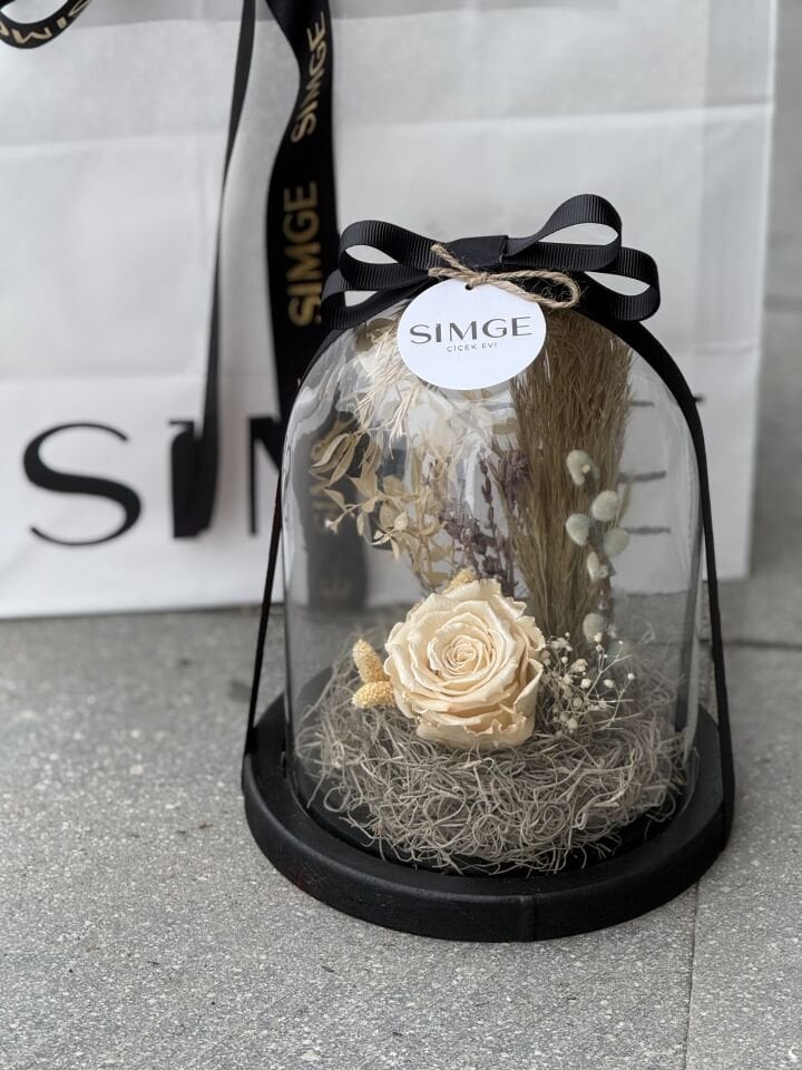 Cam Fanusta Tekli Beyaz Solmayan Gül Aranjmanı