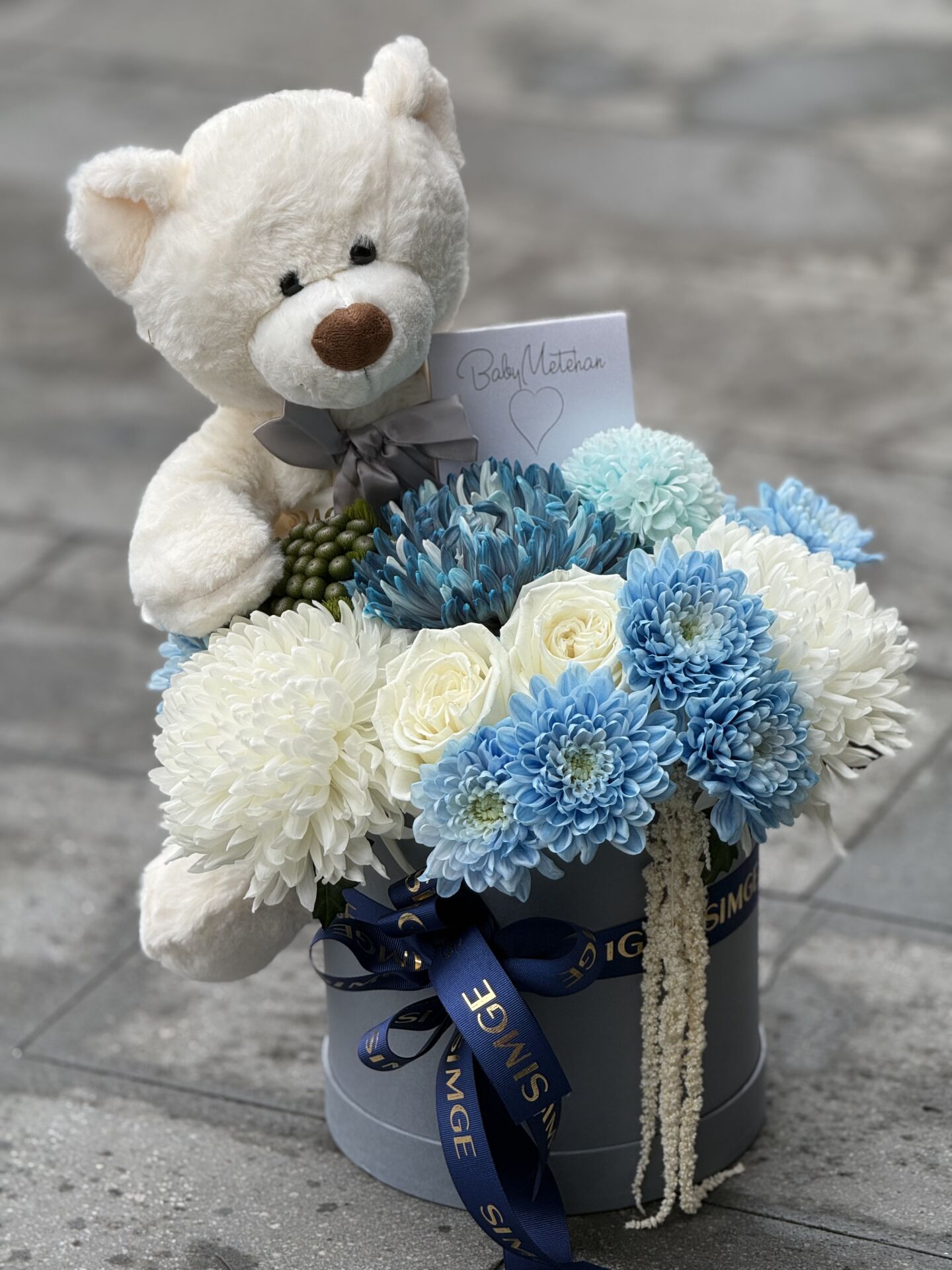 Ayıcıklı Mavi Yenidoğan Bebek Kutu Aranjmanı