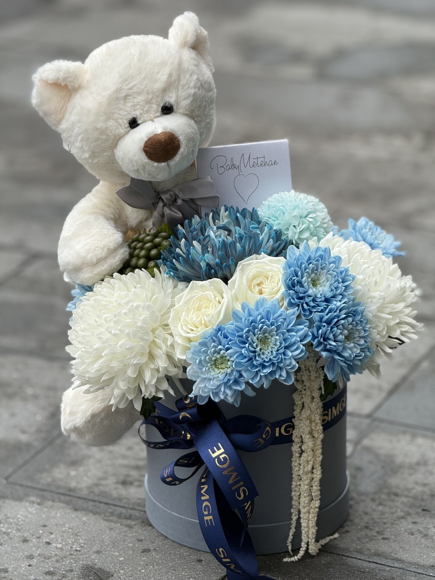 Ayıcıklı Mavi Yenidoğan Bebek Kutu Aranjmanı