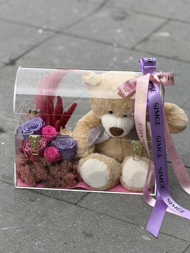 Pleksi Kutuda Ayıcıklı Pembe Solmayan Gül Aranjmanı